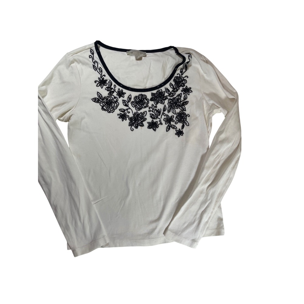 Janeville Floral Embellished Long Sleeve Top Elegant Crew Neck‎ Size M